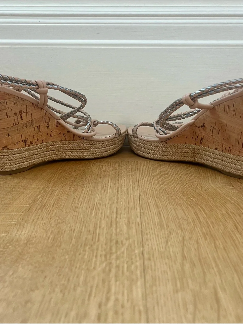 Prada Espadrille Cork Wedge Woven Strappy Tan Silver Pink Sandals Size EU 7/US 7